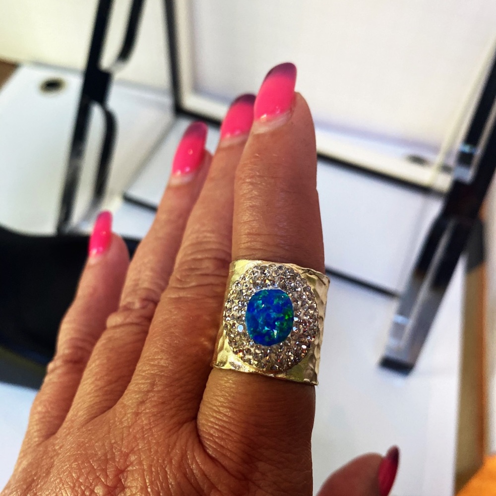 Stainless Adjustable Blue Opal Ring - image 1